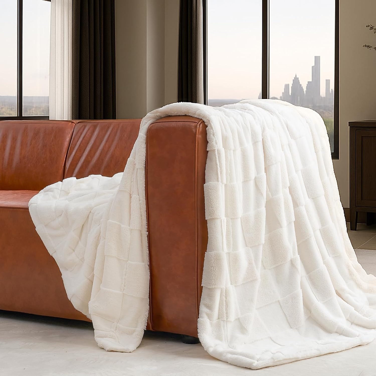 image:imageCozy Bliss Checkered Faux Rabbit Fur Blanket Queen Size for Bed Soft Fuzzy Blankets for Women Men Large Furry Fleece Throw for Bedroom Decor Ivory 90 x 90Ivory