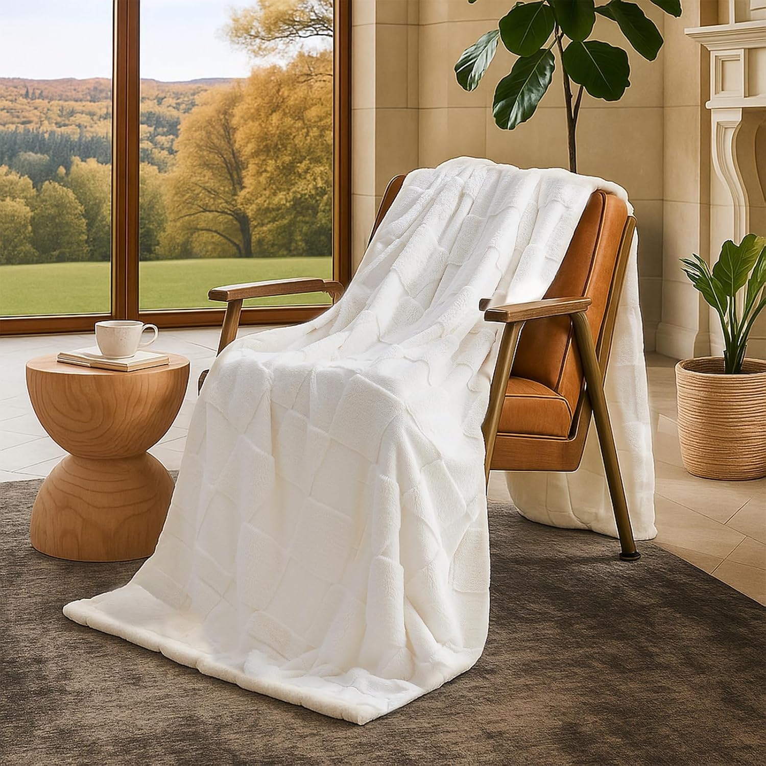 image:imageCozy Bliss Checkered Faux Rabbit Fur Blanket Queen Size for Bed Soft Fuzzy Blankets for Women Men Large Furry Fleece Throw for Bedroom Decor Ivory 90 x 90Ivory