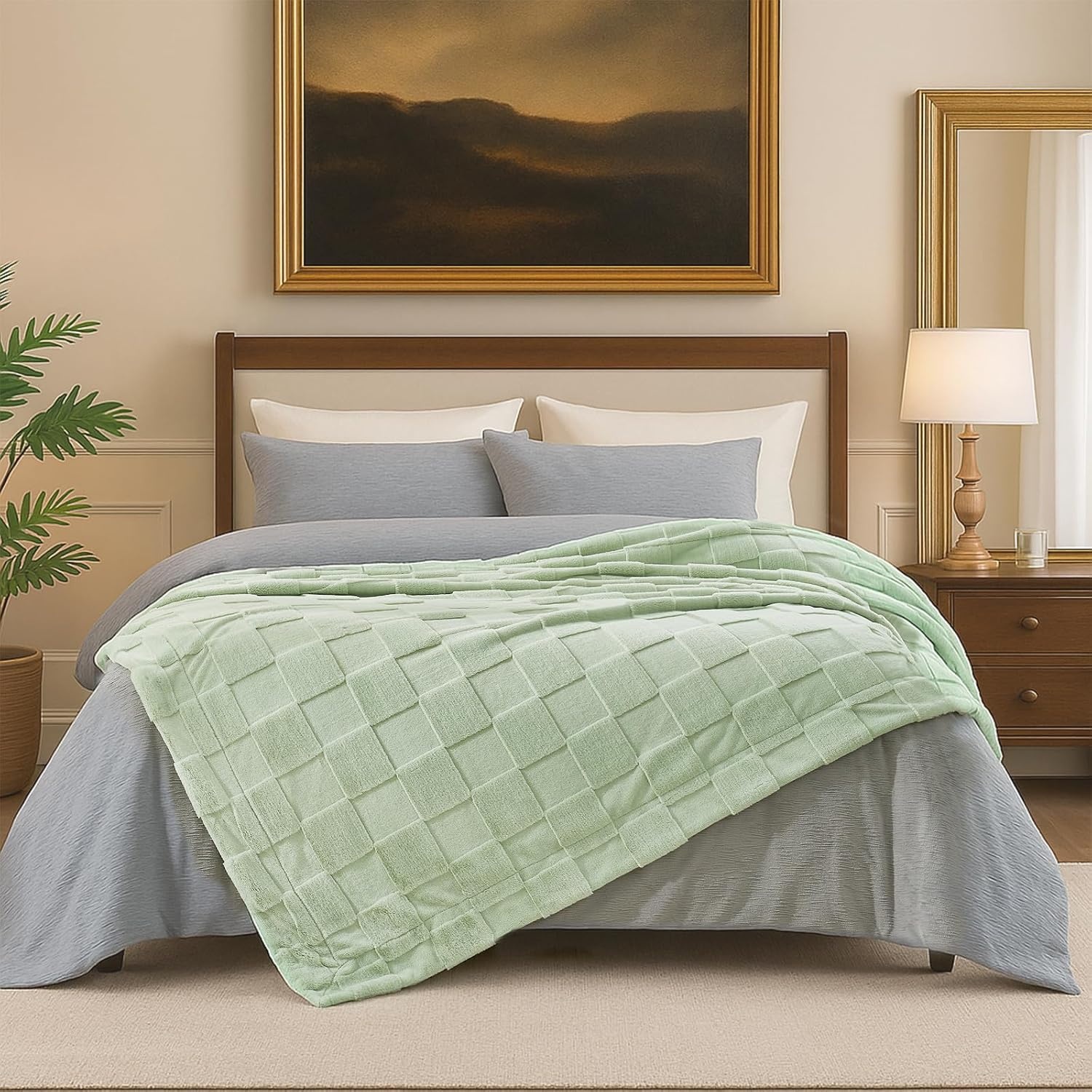 image:imageCozy Bliss Checkered Faux Rabbit Fur Blanket Queen Size for Bed Soft Fuzzy Blankets for Women Men Large Furry Fleece Throw for Bedroom Decor Ivory 90 x 90Sage Green