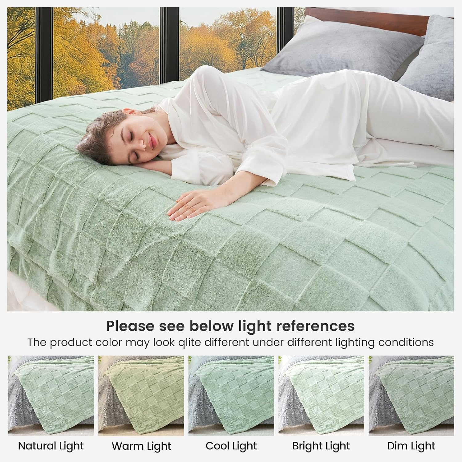 image:imageCozy Bliss Checkered Faux Rabbit Fur Blanket Queen Size for Bed Soft Fuzzy Blankets for Women Men Large Furry Fleece Throw for Bedroom Decor Ivory 90 x 90Sage Green