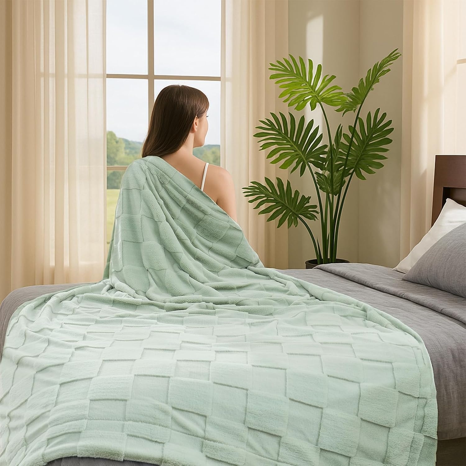 image:imageCozy Bliss Checkered Faux Rabbit Fur Blanket Queen Size for Bed Soft Fuzzy Blankets for Women Men Large Furry Fleece Throw for Bedroom Decor Ivory 90 x 90Sage Green
