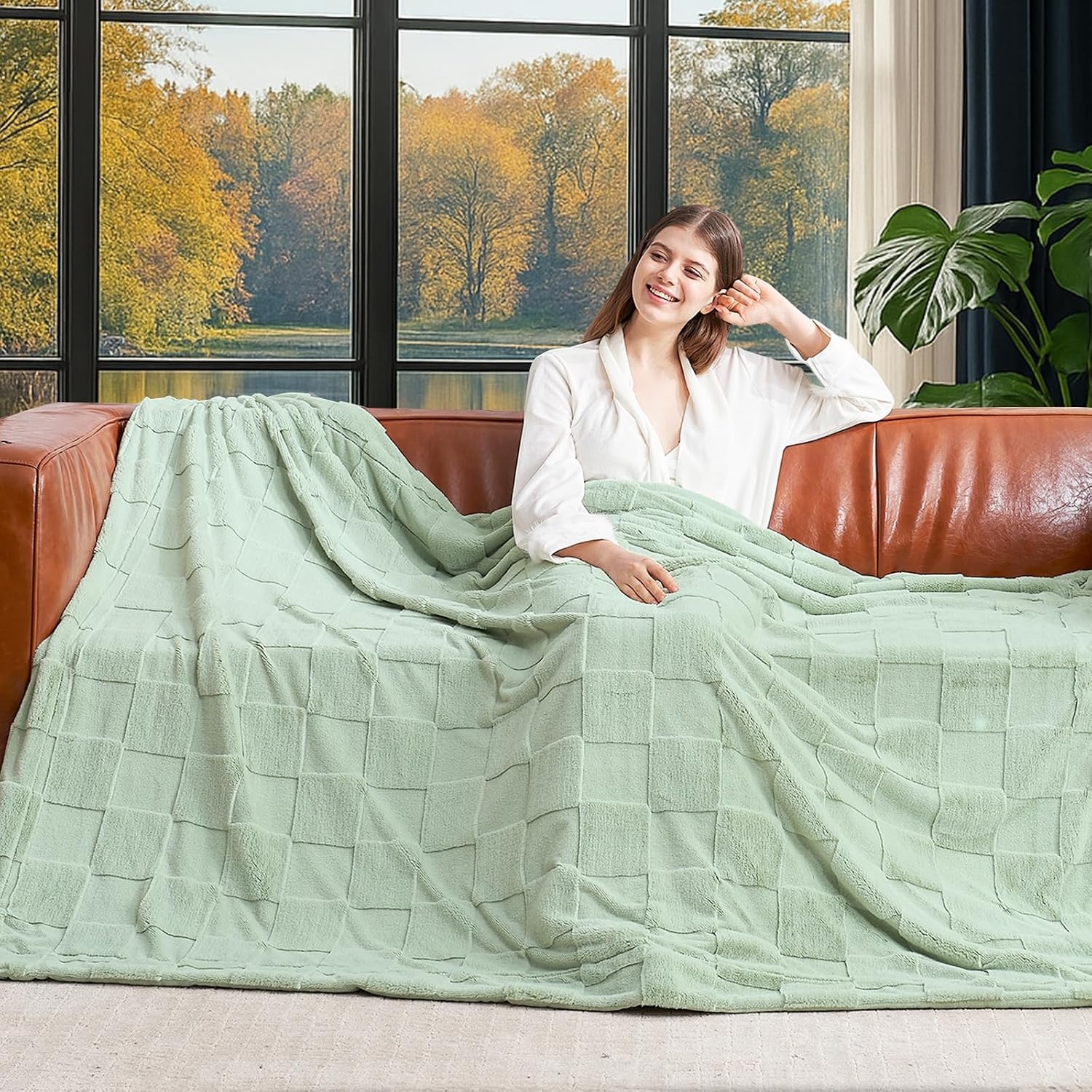 image:imageCozy Bliss Checkered Faux Rabbit Fur Blanket Queen Size for Bed Soft Fuzzy Blankets for Women Men Large Furry Fleece Throw for Bedroom Decor Ivory 90 x 90Sage Green
