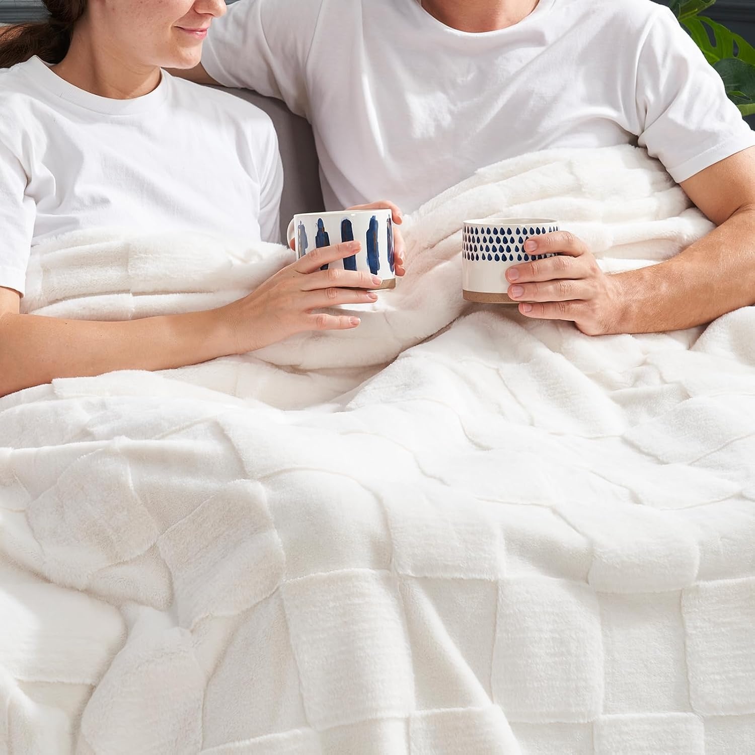 image:imageCozy Bliss Checkered Faux Rabbit Fur Blanket Queen Size for Bed Soft Fuzzy Blankets for Women Men Large Furry Fleece Throw for Bedroom Decor Ivory 90 x 90Ivory