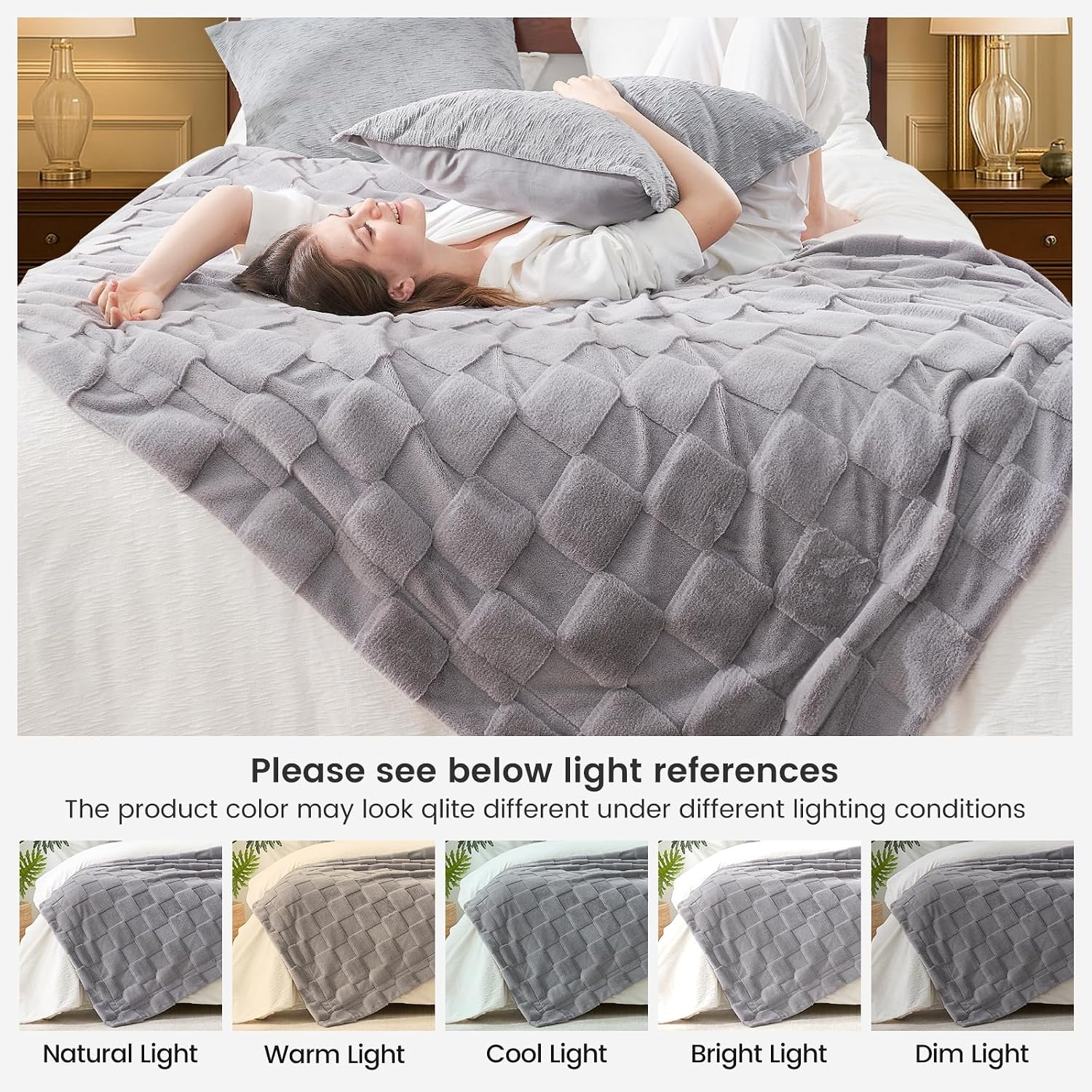 image:imageCozy Bliss Checkered Faux Rabbit Fur Blanket Queen Size for Bed Soft Fuzzy Blankets for Women Men Large Furry Fleece Throw for Bedroom Decor Ivory 90 x 90Grey