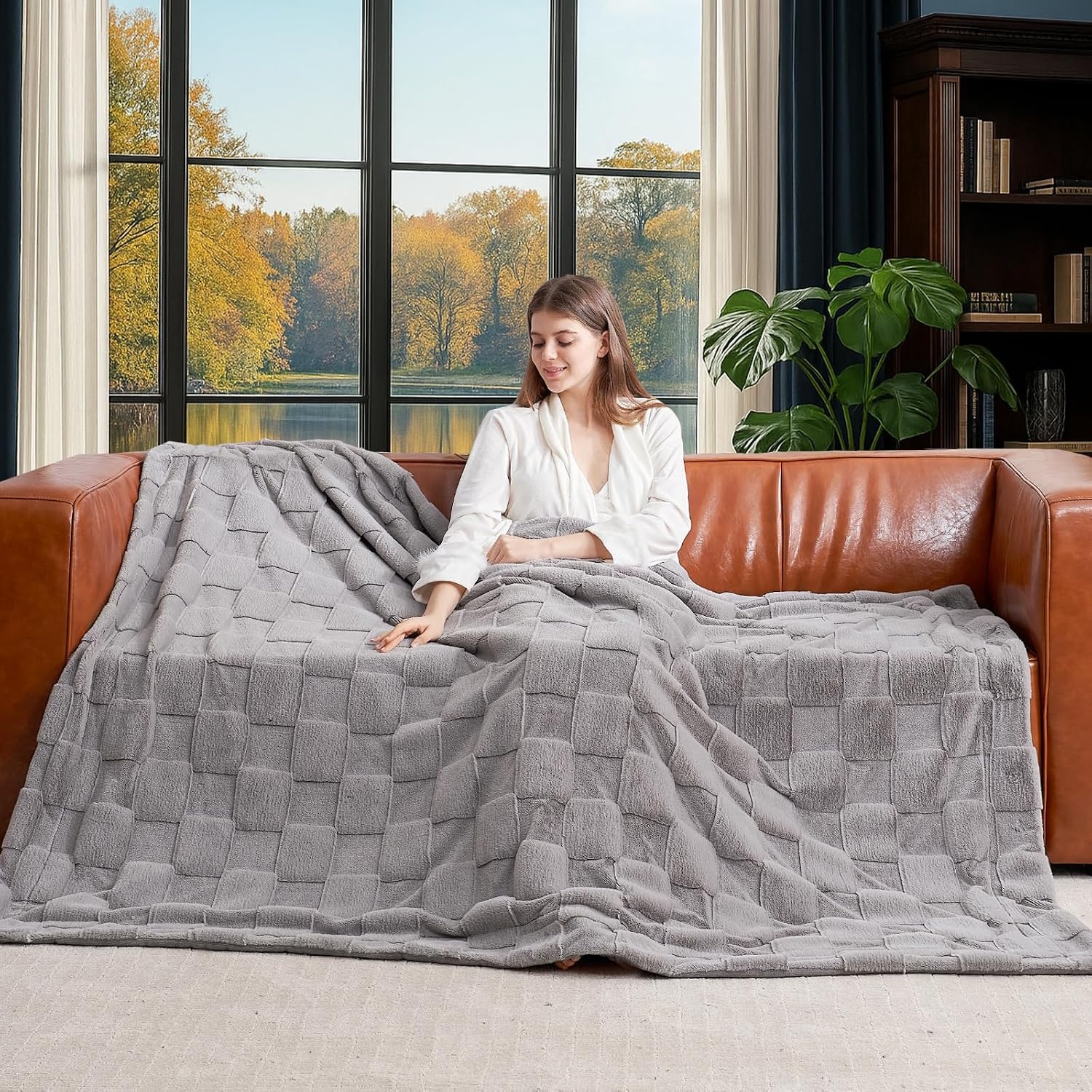 image:imageCozy Bliss Checkered Faux Rabbit Fur Blanket Queen Size for Bed Soft Fuzzy Blankets for Women Men Large Furry Fleece Throw for Bedroom Decor Ivory 90 x 90Grey