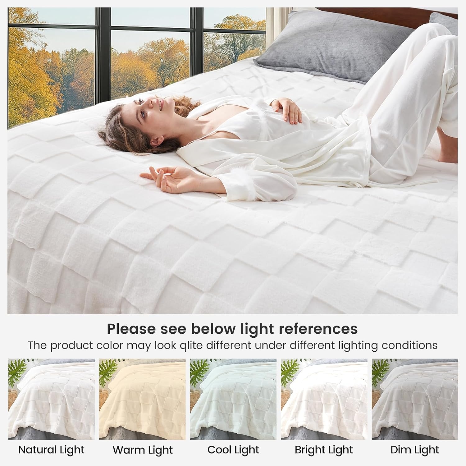 image:imageCozy Bliss Checkered Faux Rabbit Fur Blanket Queen Size for Bed Soft Fuzzy Blankets for Women Men Large Furry Fleece Throw for Bedroom Decor Ivory 90 x 90Ivory