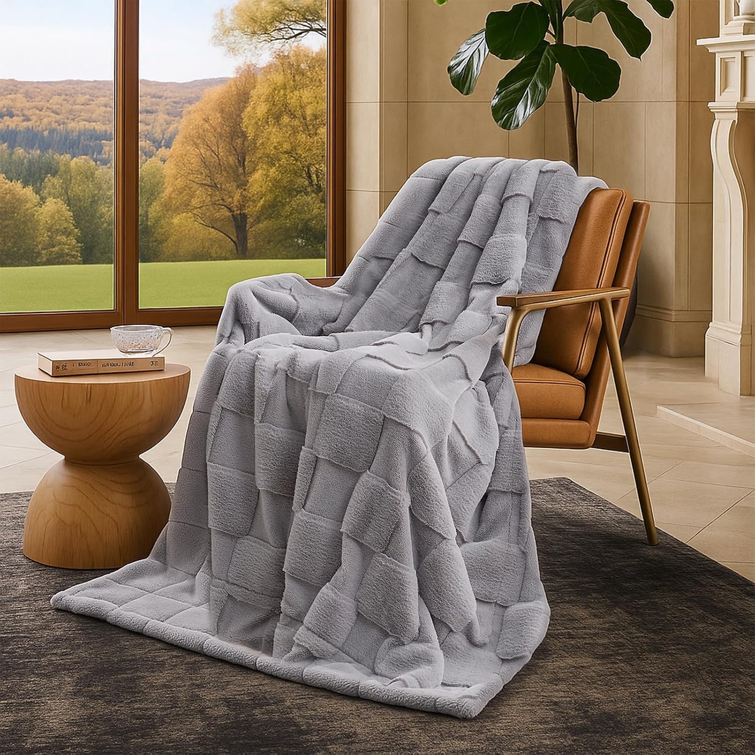 image:imageCozy Bliss Checkered Faux Rabbit Fur Blanket Queen Size for Bed Soft Fuzzy Blankets for Women Men Large Furry Fleece Throw for Bedroom Decor Ivory 90 x 90Grey