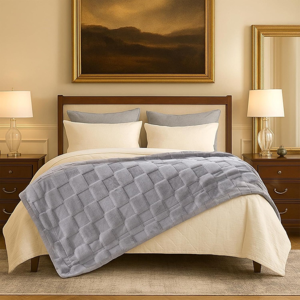 image:imageCozy Bliss Checkered Faux Rabbit Fur Blanket Queen Size for Bed Soft Fuzzy Blankets for Women Men Large Furry Fleece Throw for Bedroom Decor Ivory 90 x 90Grey