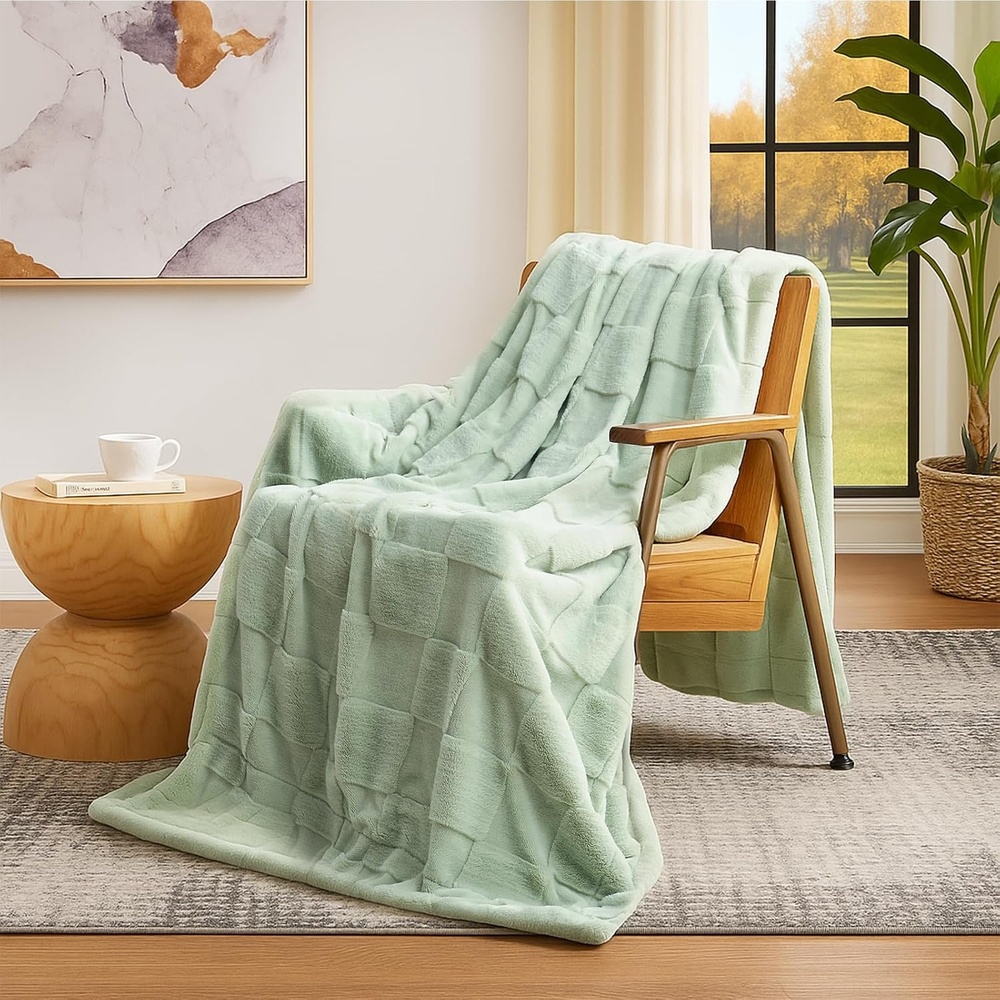image:imageCozy Bliss Checkered Faux Rabbit Fur Blanket Queen Size for Bed Soft Fuzzy Blankets for Women Men Large Furry Fleece Throw for Bedroom Decor Ivory 90 x 90Sage Green