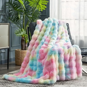 image:imageCozy Bliss Faux Fur Throw Blanket for Couch Fuzzy Soft Plush Thick Bubble Blanket for Sofa Bedroom Living Room 50  60 Inches BeigeTiedye Rainbow