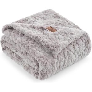 image:imageCozy Bliss Faux Fur Throw Blanket for Couch Fuzzy Soft Plush Thick Warm Fluffy Reversible Wave Textured Blanket for Sofa Bedroom Living Room 55  70 Inches Cream WhiteTiedye Grey